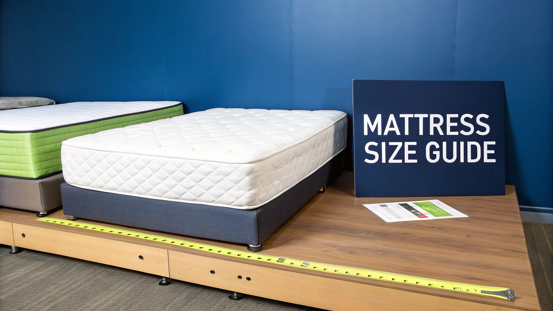 A mattress showroom featuring multiple mattresses, a 'Mattress Size Guide' sign, and a measuring tape on a wooden platform.
