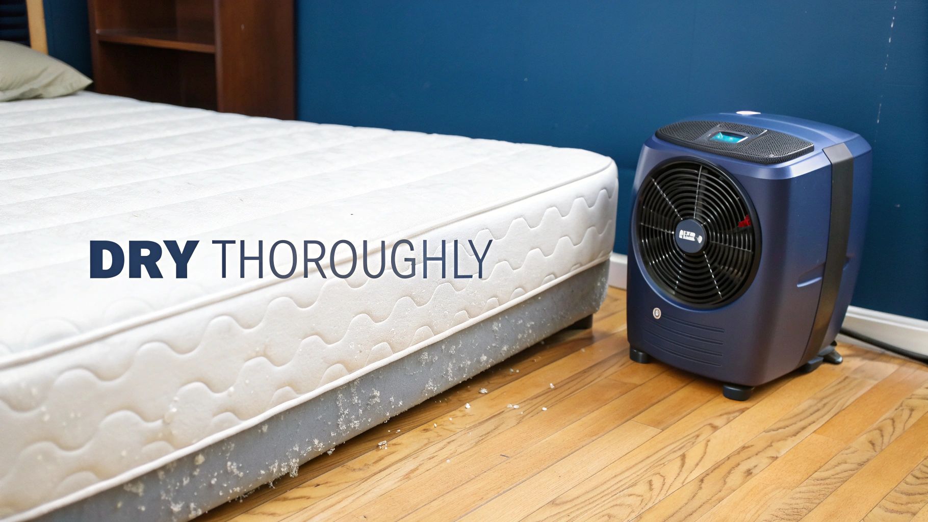 A mattress being thoroughly dried by a blue fan on a wooden floor, next to a blue wall.
