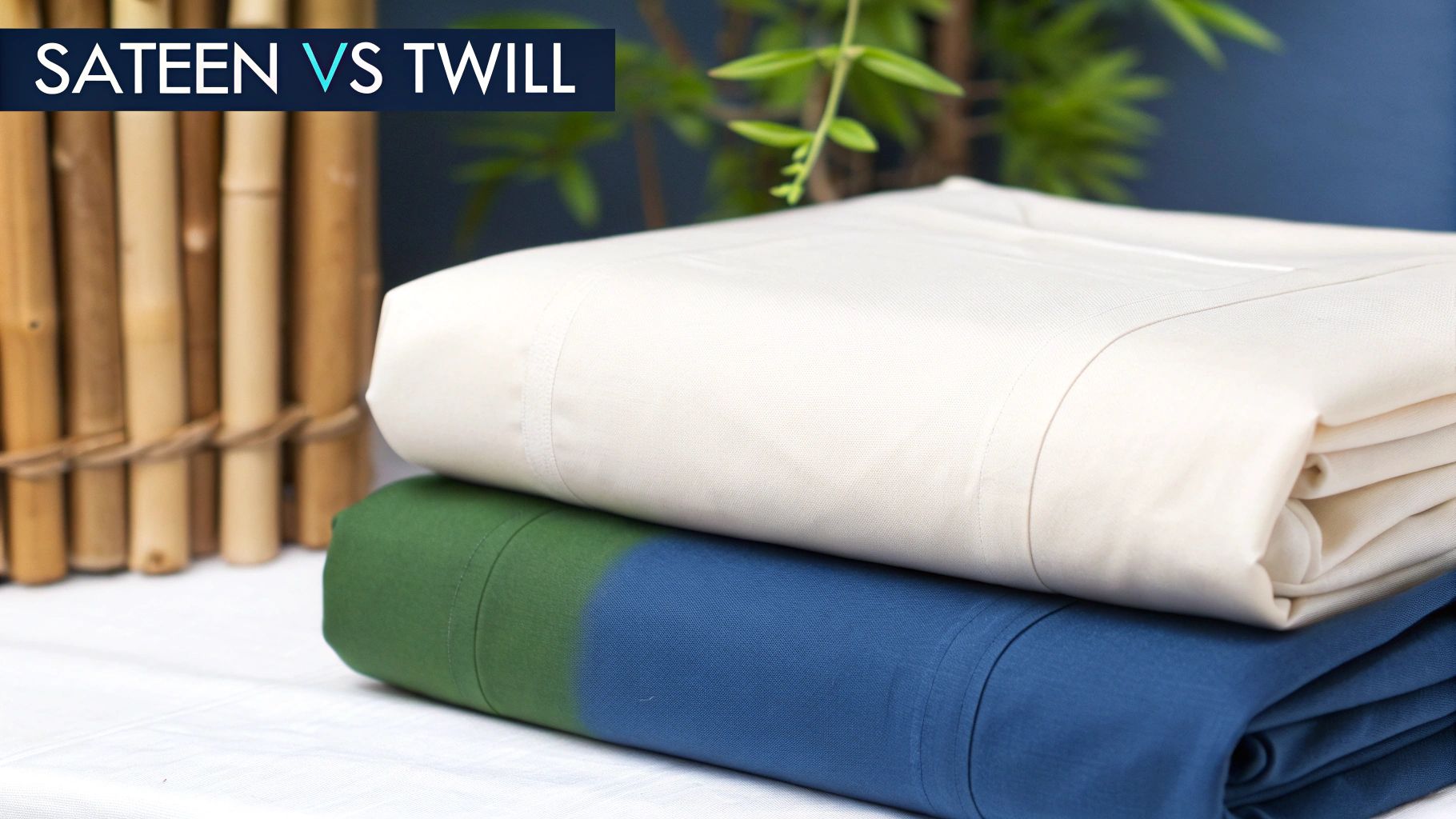 Two folded fabrics, cream and blue-green, demonstrating Sateen vs Twill textile comparison, with bamboo.