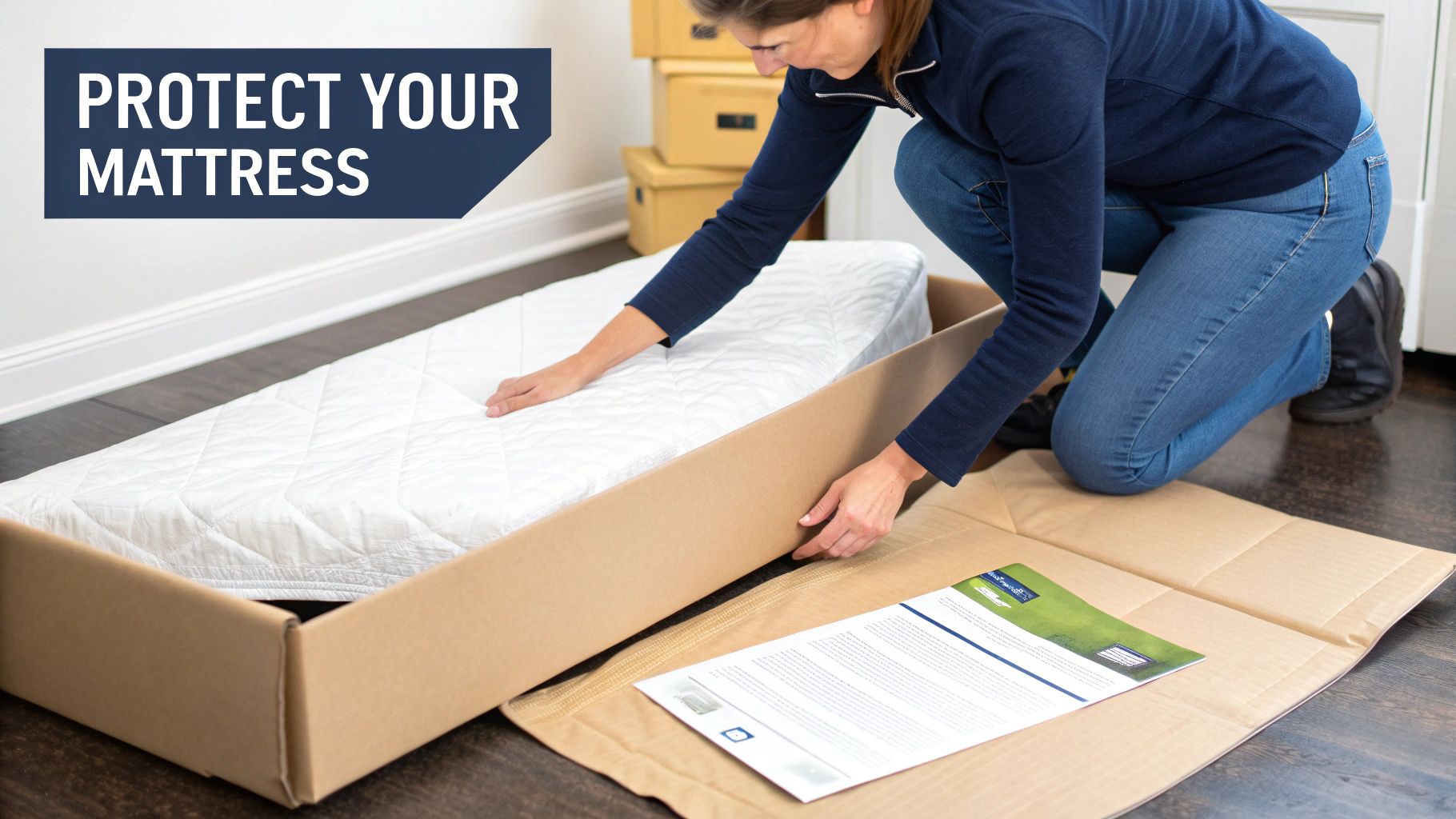 A woman carefully places a white, quilted mattress into a large cardboard box on a wooden floor, protecting it.