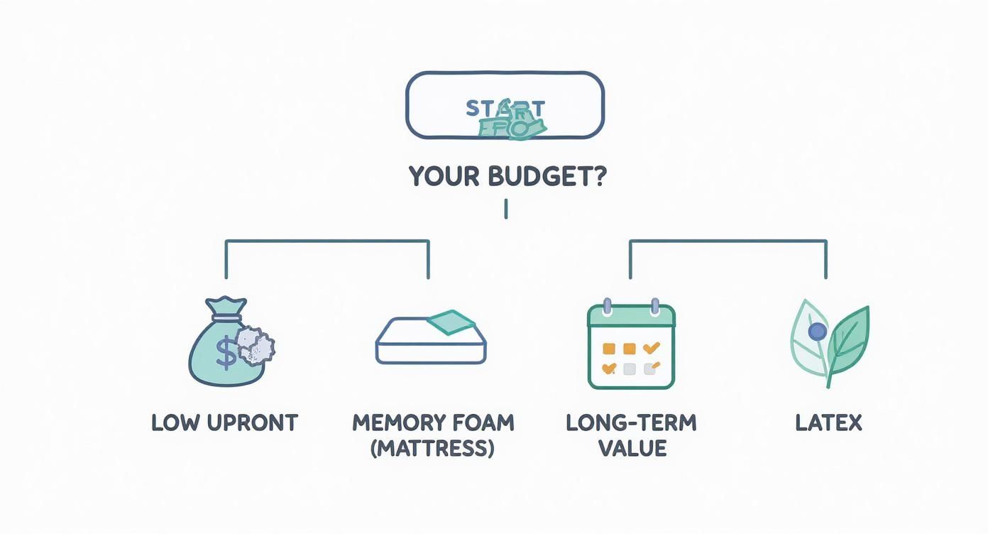 A flowchart guiding mattress choices based on budget: low upfront, memory foam, long-term value, and latex options.