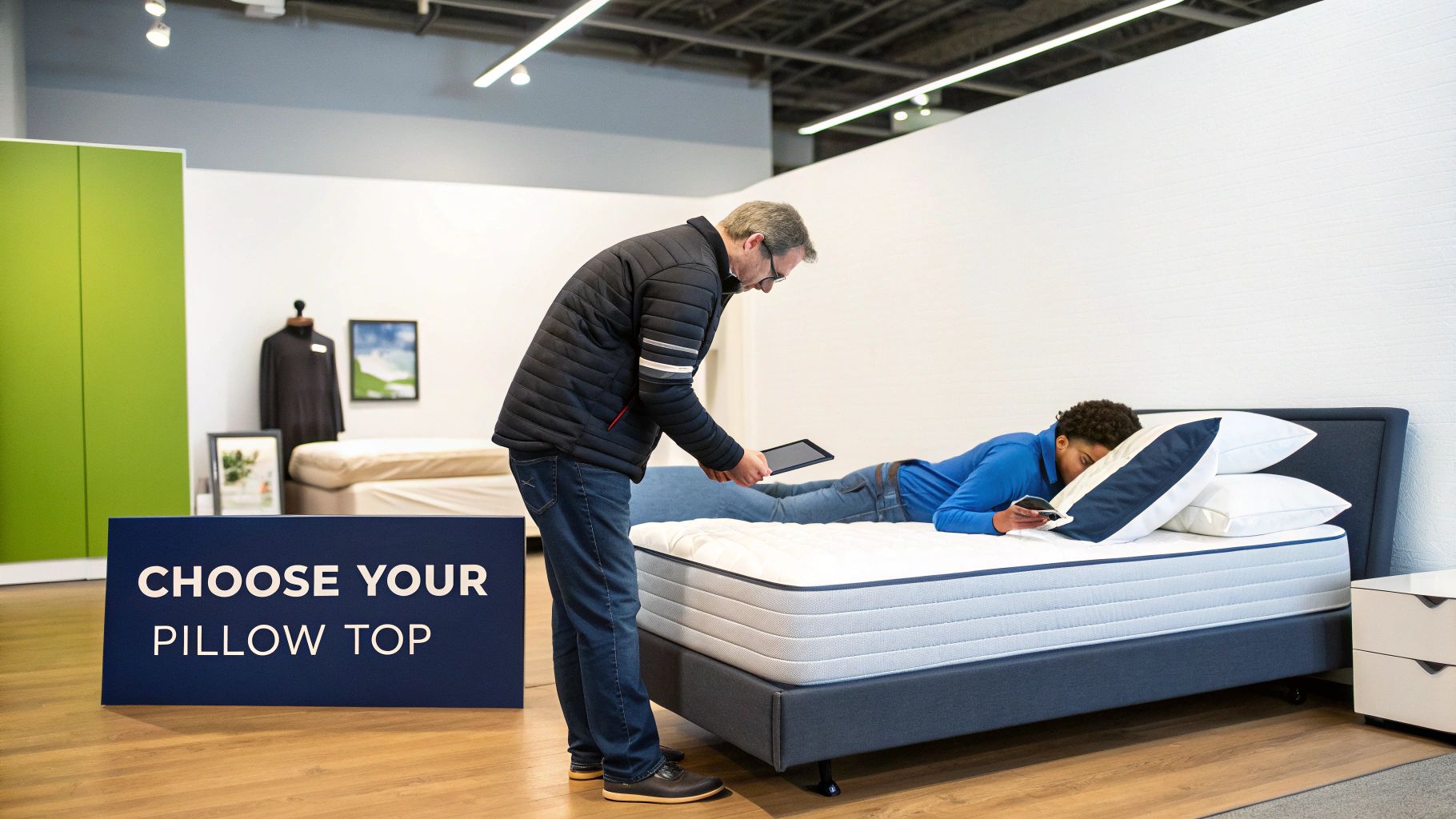Salesperson helps a customer test a pillow top mattress in a showroom, holding a digital tablet.
