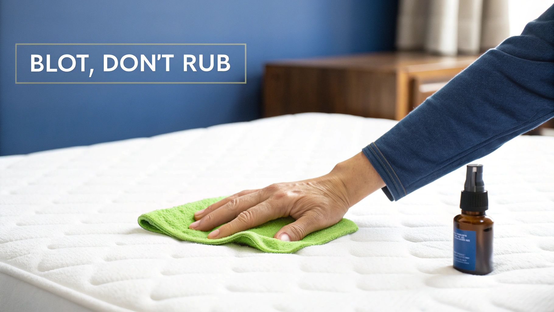 A person's hand gently blotting a white mattress with a green cloth, next to a spray bottle.