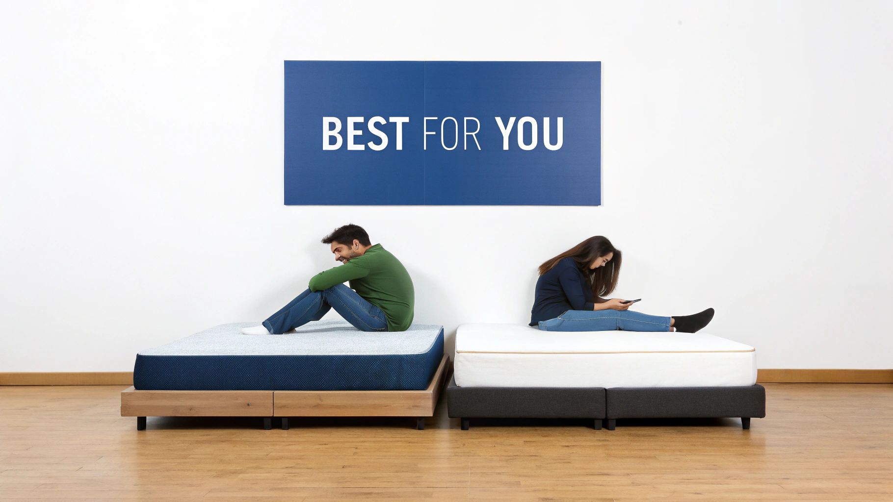 A man and woman sit on two distinct mattresses under a 'BEST FOR YOU' sign.