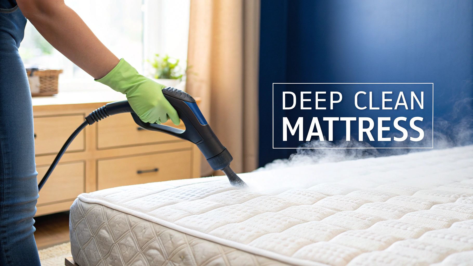 A person in green gloves uses a steam cleaner on a white mattress, producing steam.