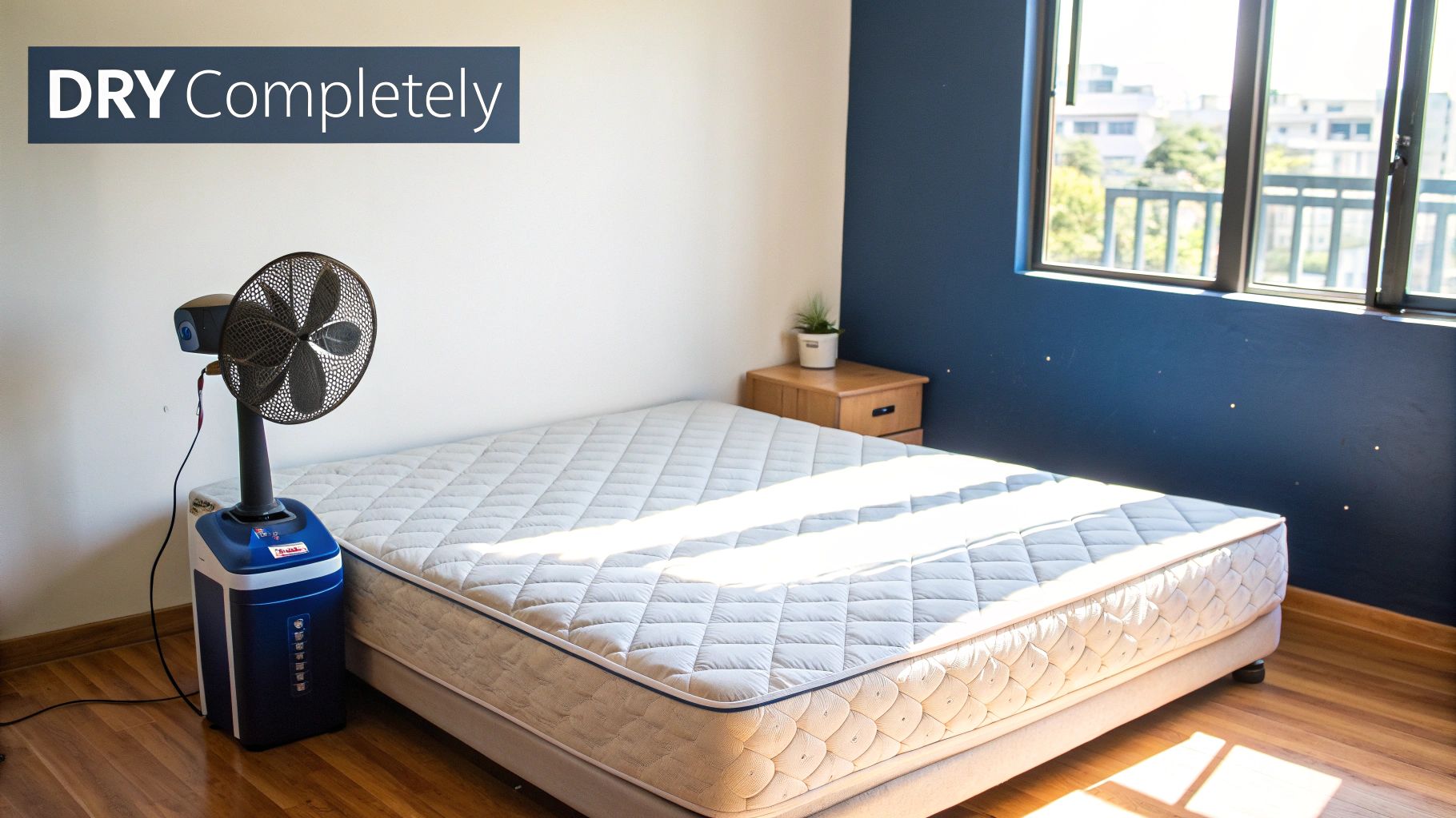 A fan is drying a mattress in a bright bedroom, ensuring it's completely dry.