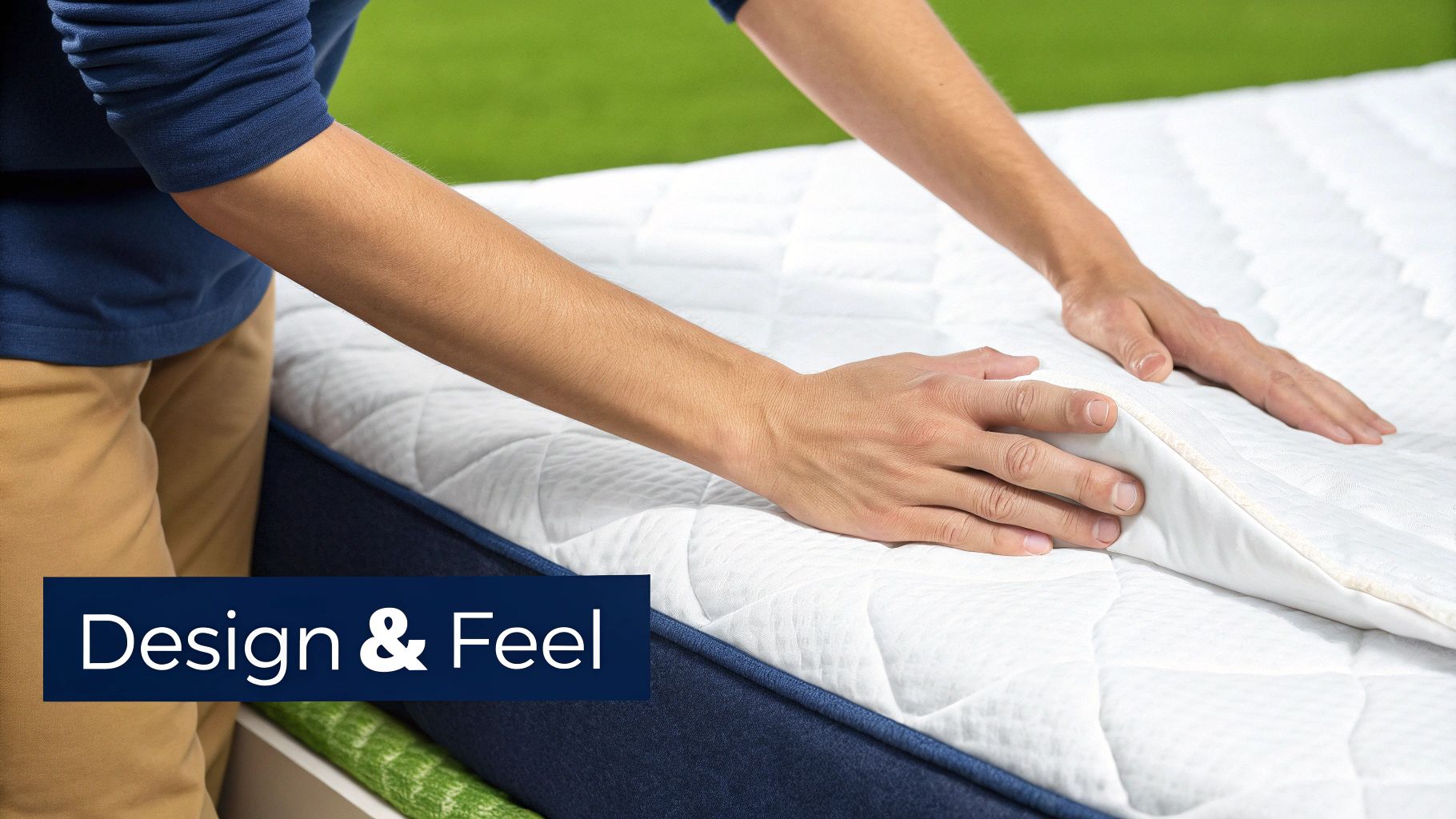 Hands touch and lift a quilted white mattress, showing its texture and a blue side.