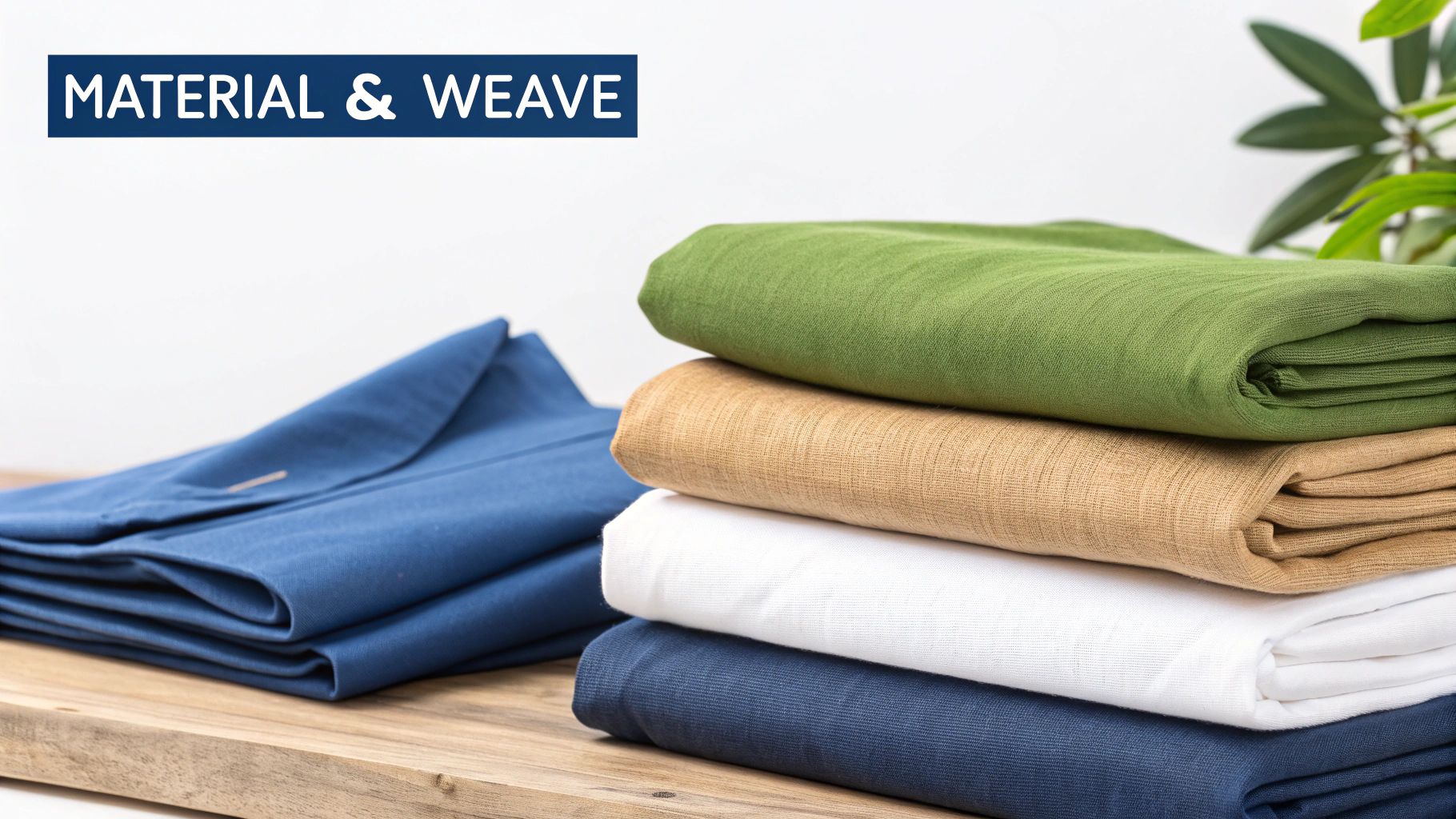 A stack of neatly folded fabrics in green, tan, white, and navy blue on a wooden surface.