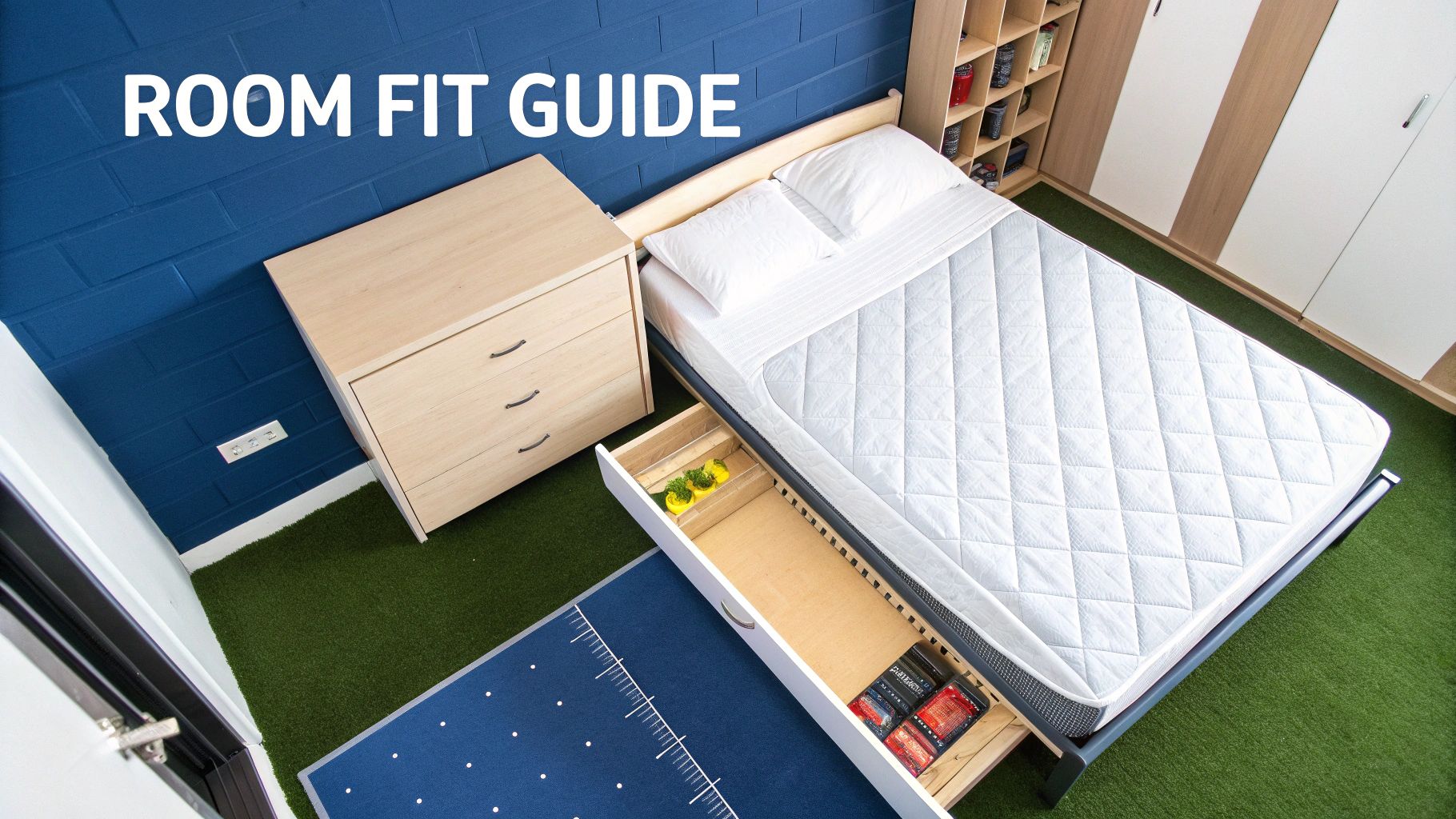 Overhead view of compact bedroom showing bed with storage drawers and furniture arrangement guide