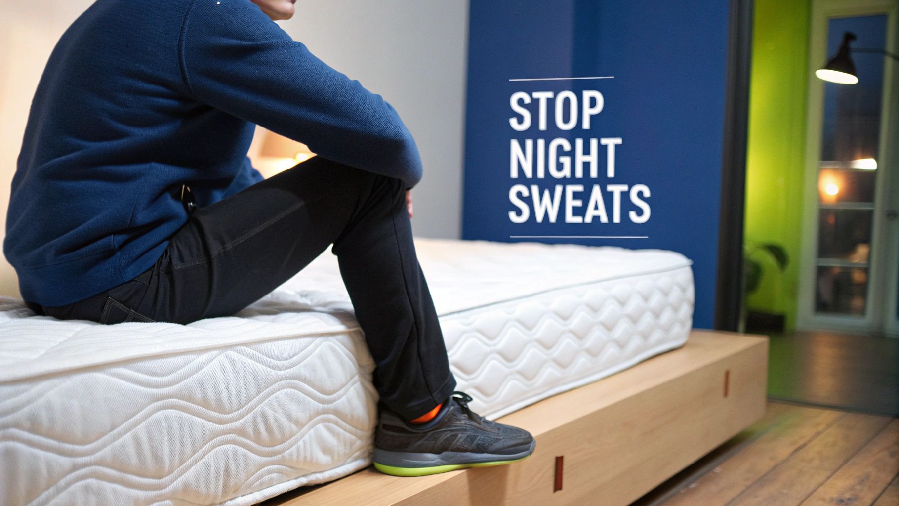 A person sits on a white mattress, next to a blue wall with text 'STOP NIGHT SWEATS'.