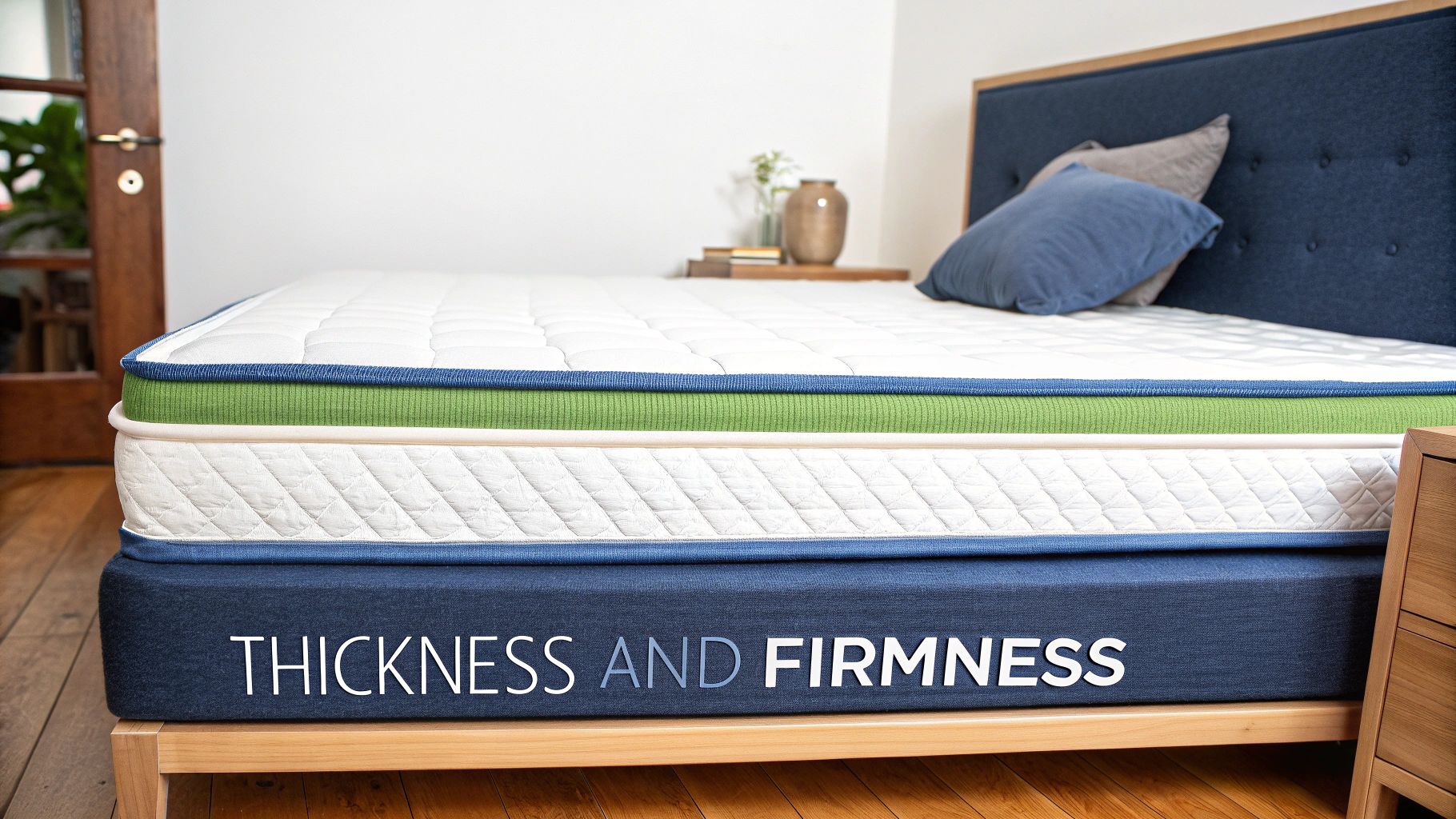 Close-up side view of a mattress showing its distinct white, green, and blue layers, on a wooden bed frame.