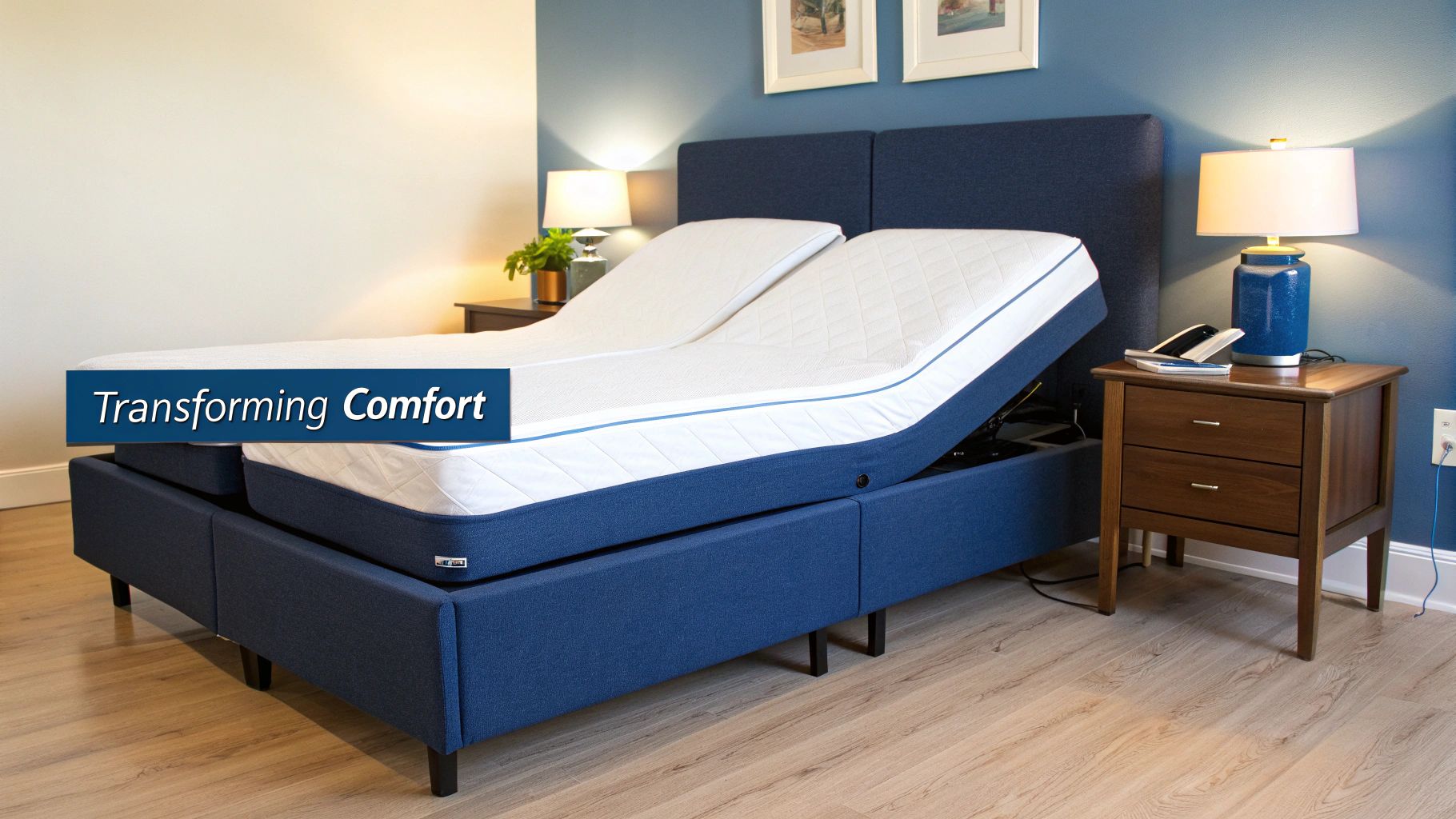A modern blue adjustable bed in a bedroom with mattresses elevated, offering transforming comfort.