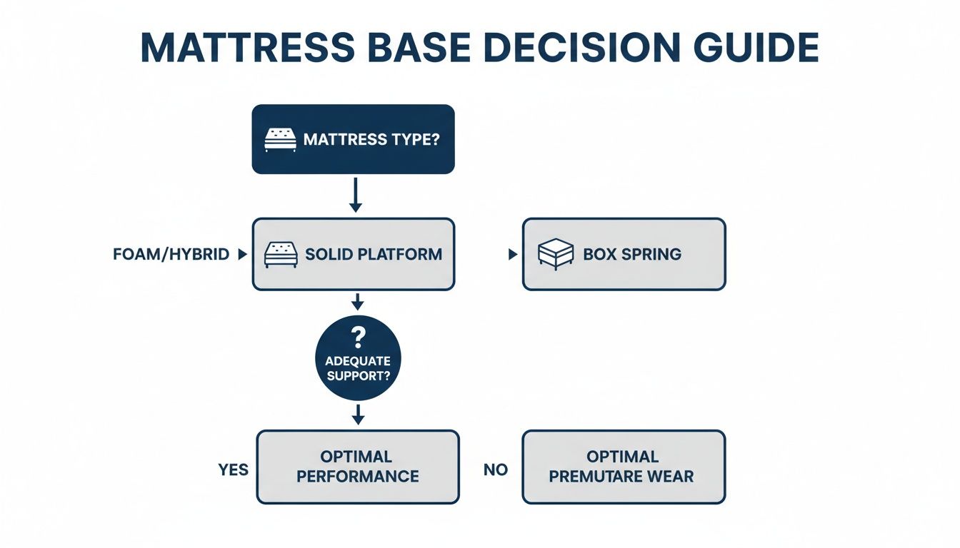 Flowchart decision guide for mattress bases, considering mattress type, support, and performance outcomes.