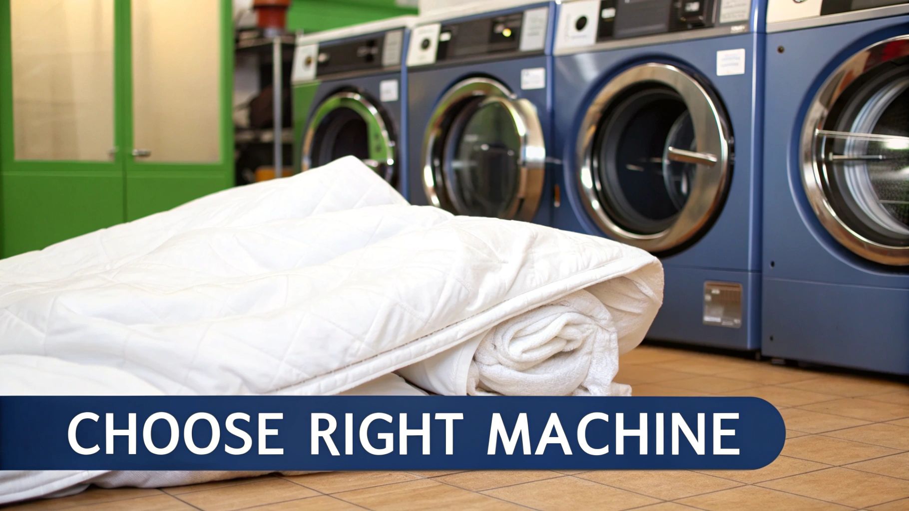 A white quilted duvet on the floor of a laundromat with blue washing machines and helpful text.