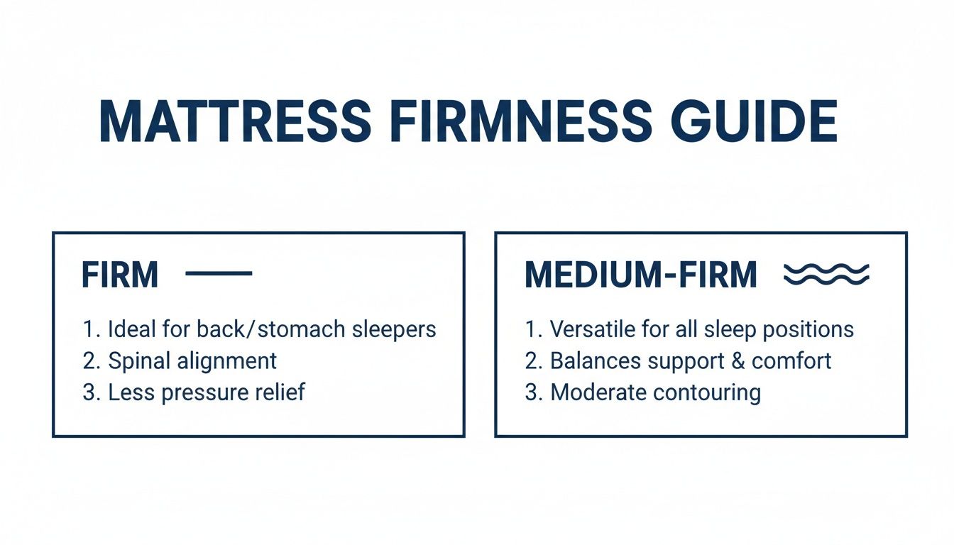 A mattress firmness guide comparing firm and medium-firm options, detailing ideal sleep positions, support, and pressure relief.