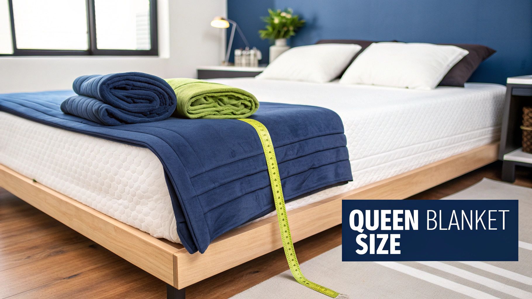 A bedroom with a queen-sized bed, white mattress, a blue blanket, and rolled blankets with a measuring tape.