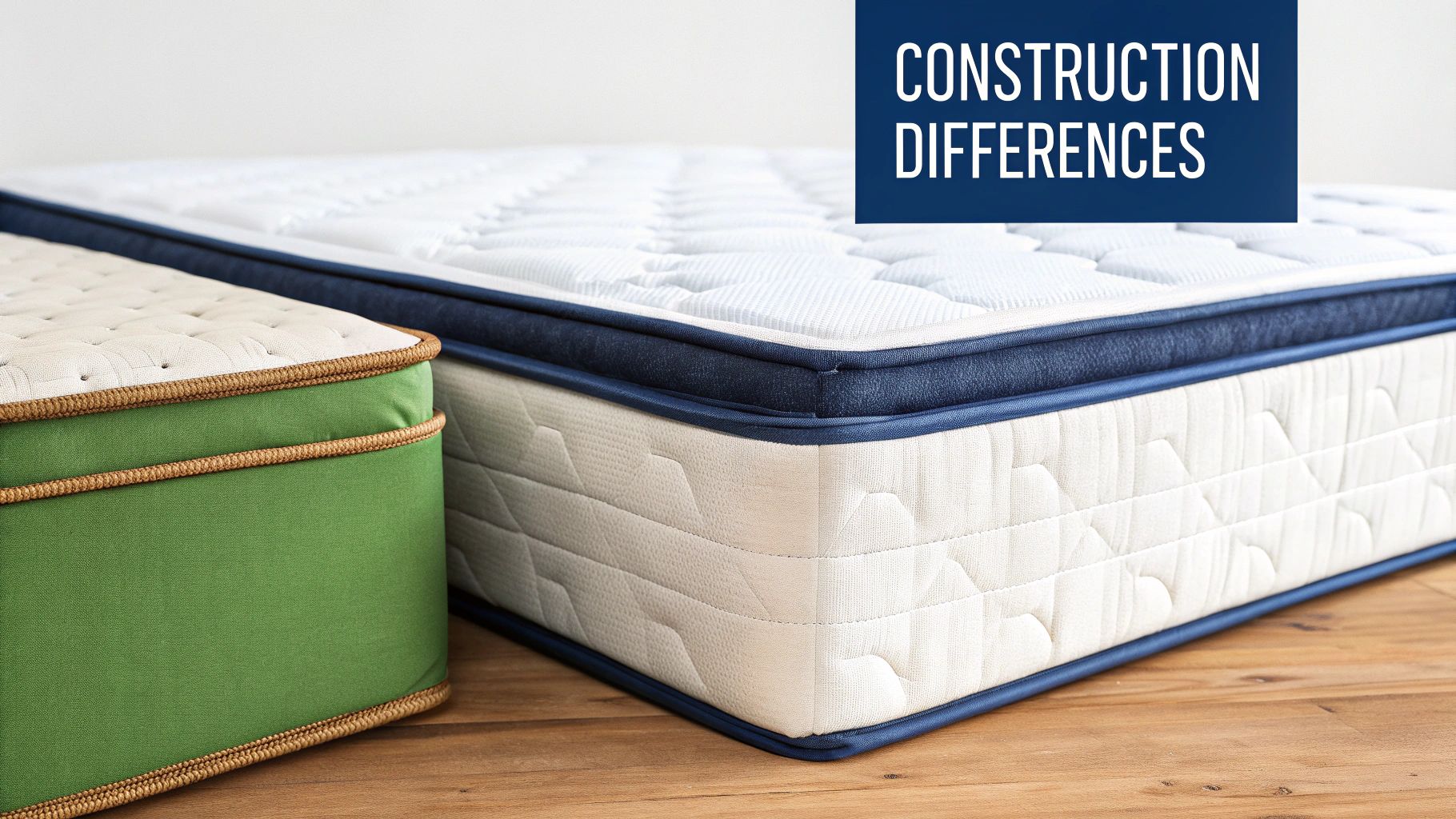 Two mattresses, a green one and a white and blue one, showcasing construction differences.