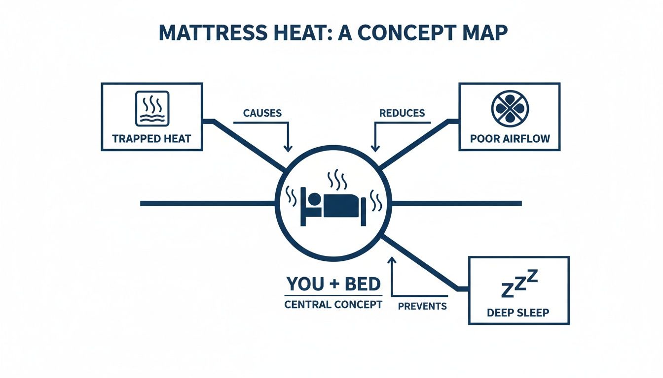 A concept map illustrating mattress heat, showing trapped heat, poor airflow, and its impact on deep sleep.