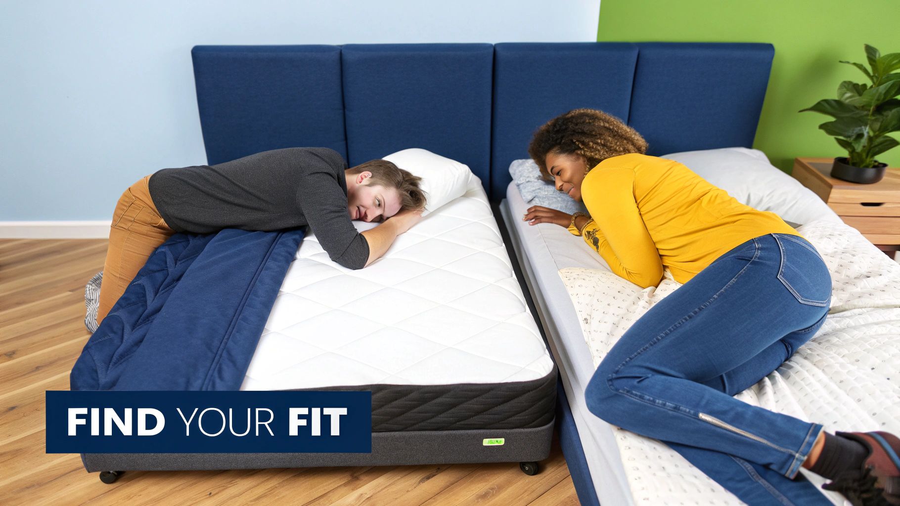 A man and a woman trying out two different mattresses side-by-side, looking at each other and smiling.