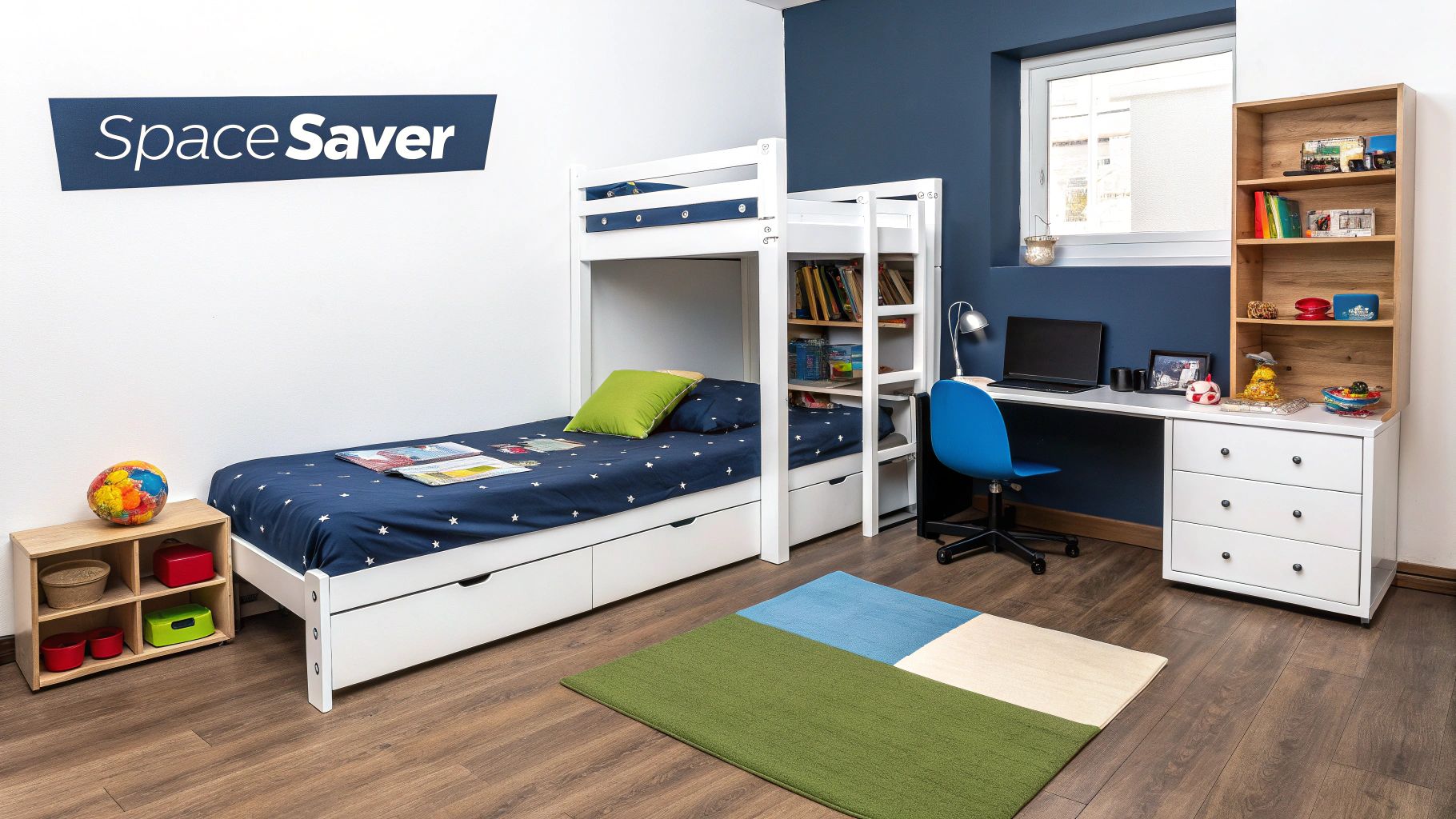 A modern child's room featuring a white bunk bed, a blue wall, and a study desk.