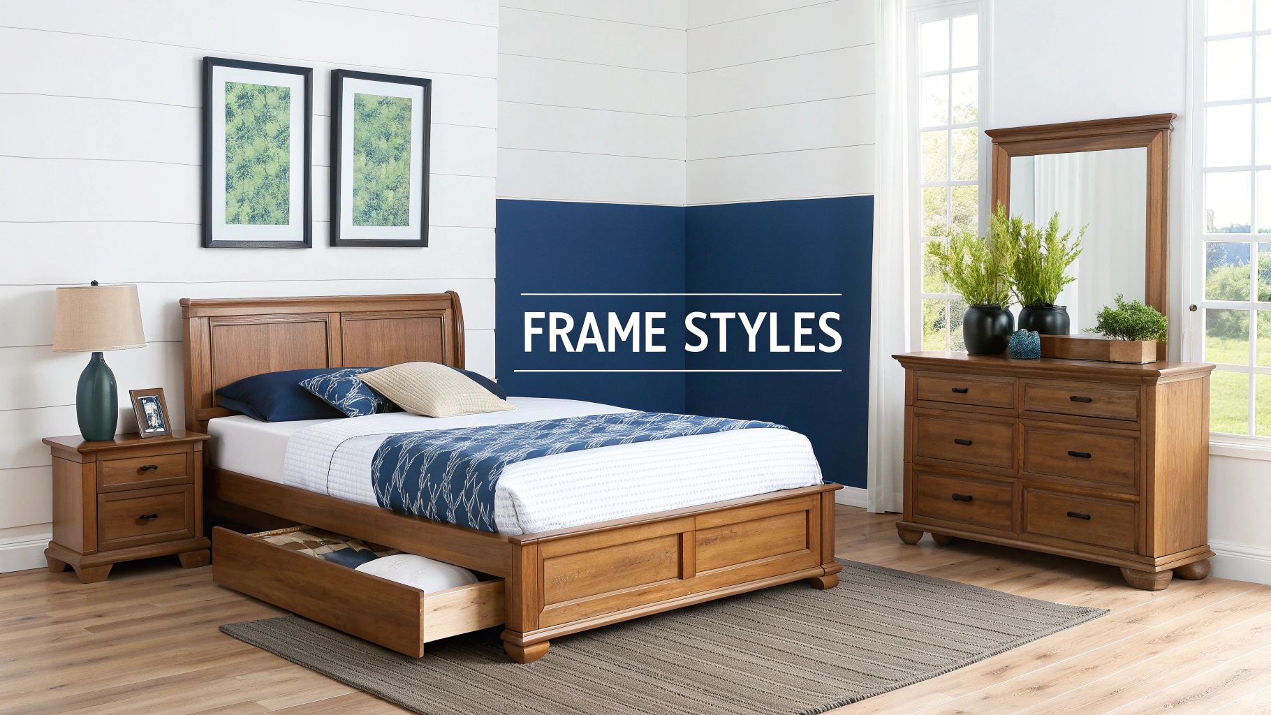 A cozy bedroom featuring a wooden bed frame with trundle, matching nightstand, and dresser with mirror.