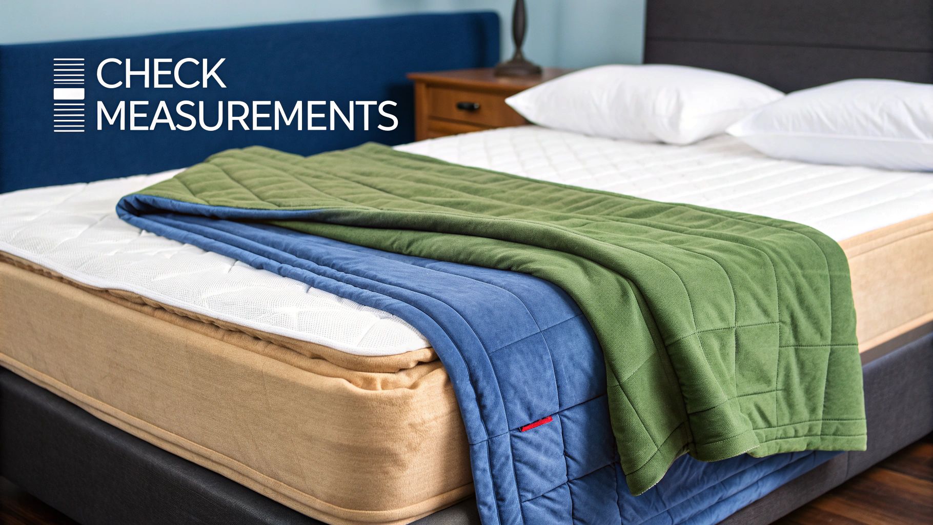 A bed with a white mattress pad, layered blue and green quilted blankets, and pillows.