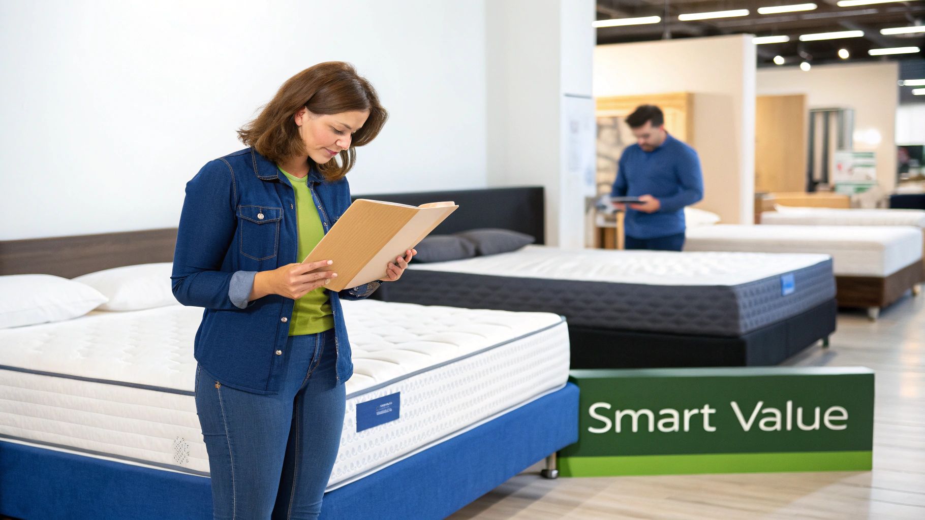 A woman in a denim shirt explores mattress options in a showroom, holding a catalog.