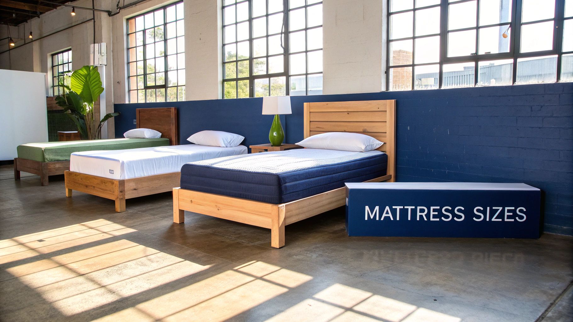 A bright showroom displays three twin-size beds with different mattresses, featuring a 'MATTRESS SIZES' sign.