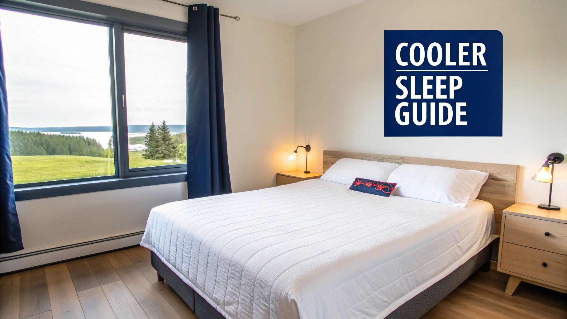 A bedroom with a bed, lamps, and a scenic window view, displaying a 'COOLER SLEEP GUIDE' sign.