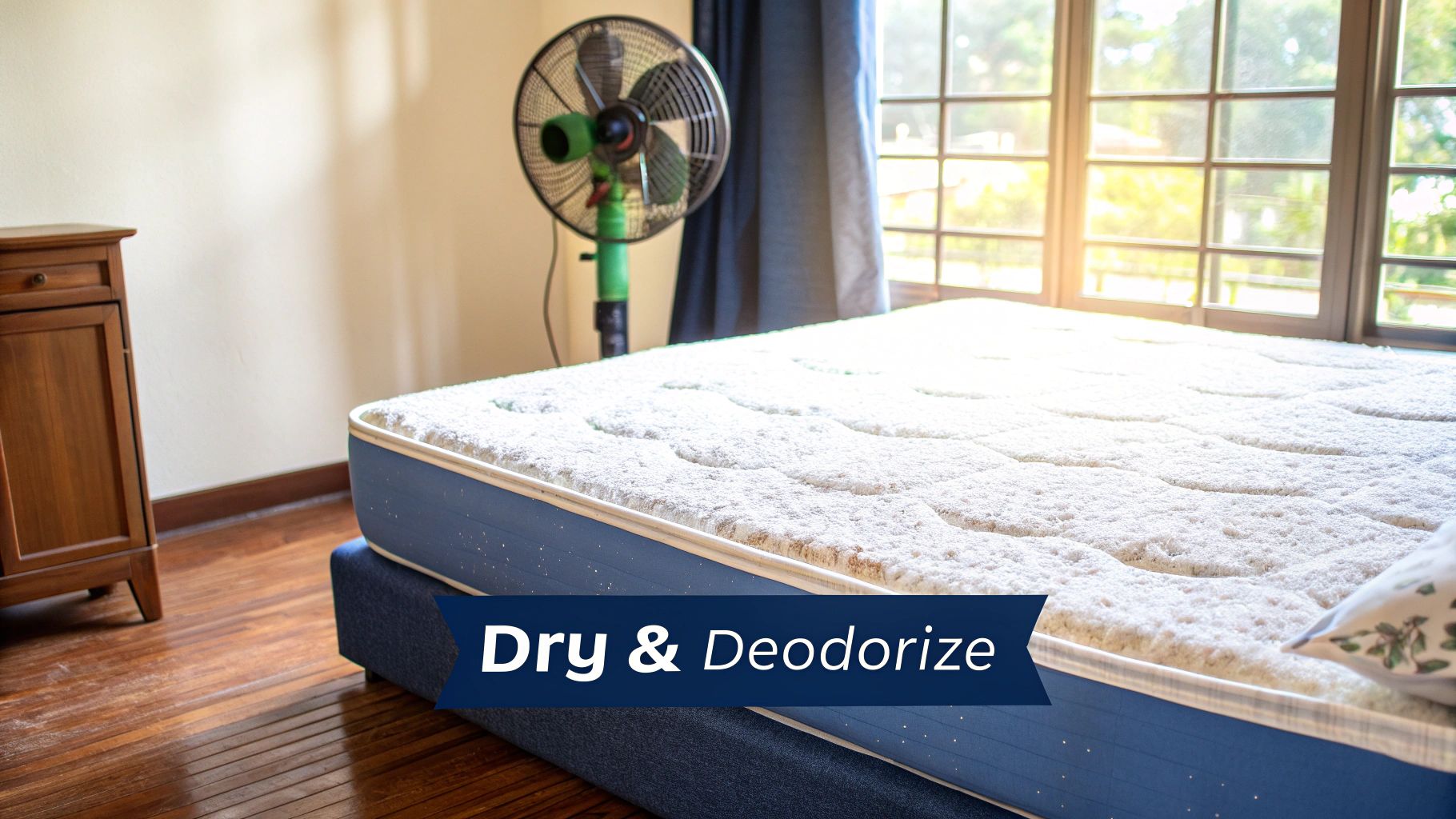 A mattress covered in white powder for drying and deodorizing with a fan and sunny window.
