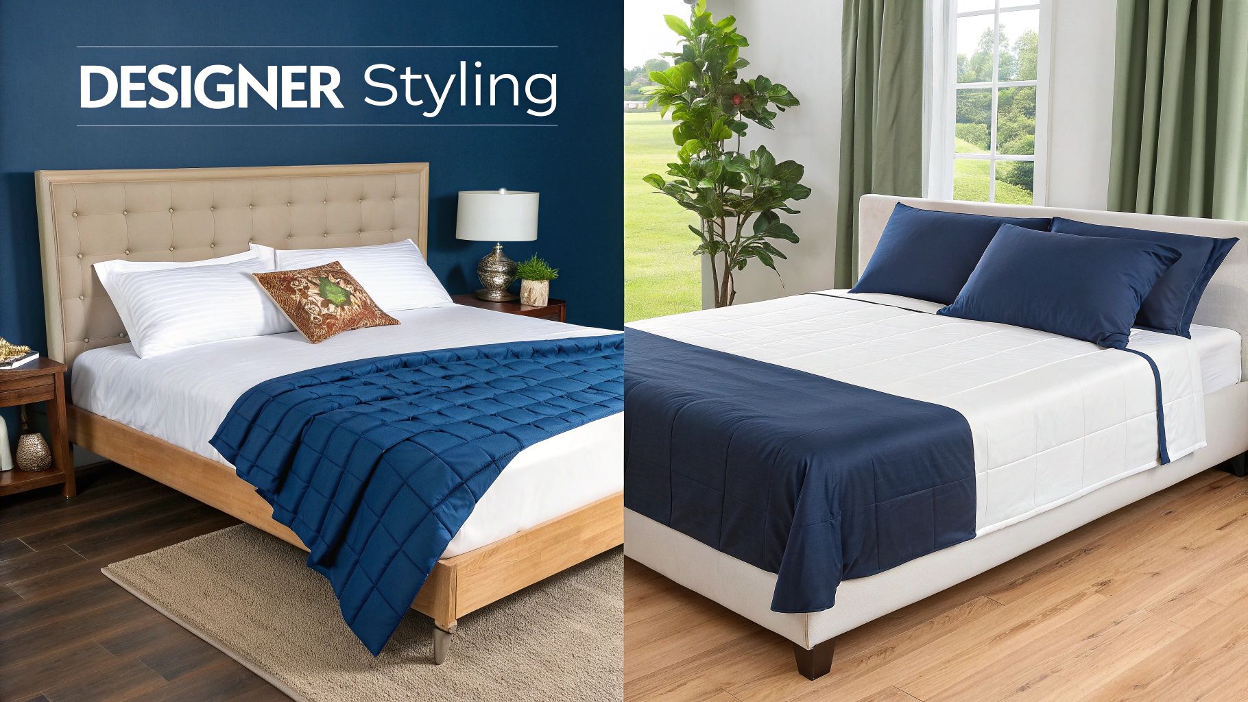 Two stylish queen beds showcasing different designer bedspread and pillow arrangements in blue and white.