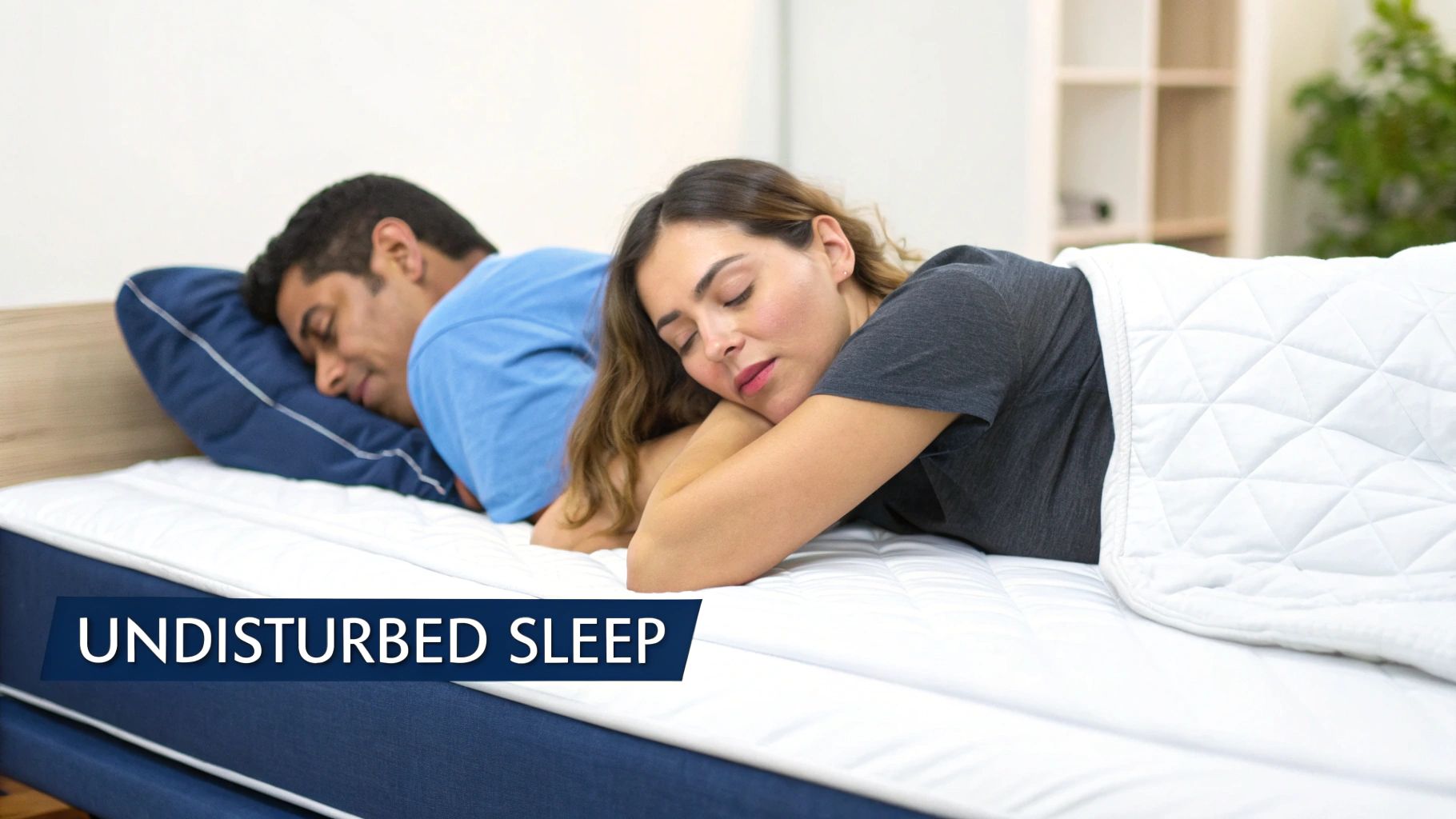 A man and woman sleeping soundly on a comfortable mattress, highlighting undisturbed sleep.