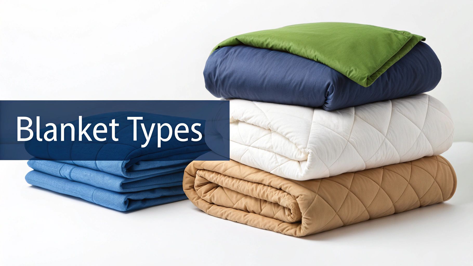 A stack of various colored blankets (green, navy, white, tan) and folded blue blankets, with 'Blanket Types' text overlay.