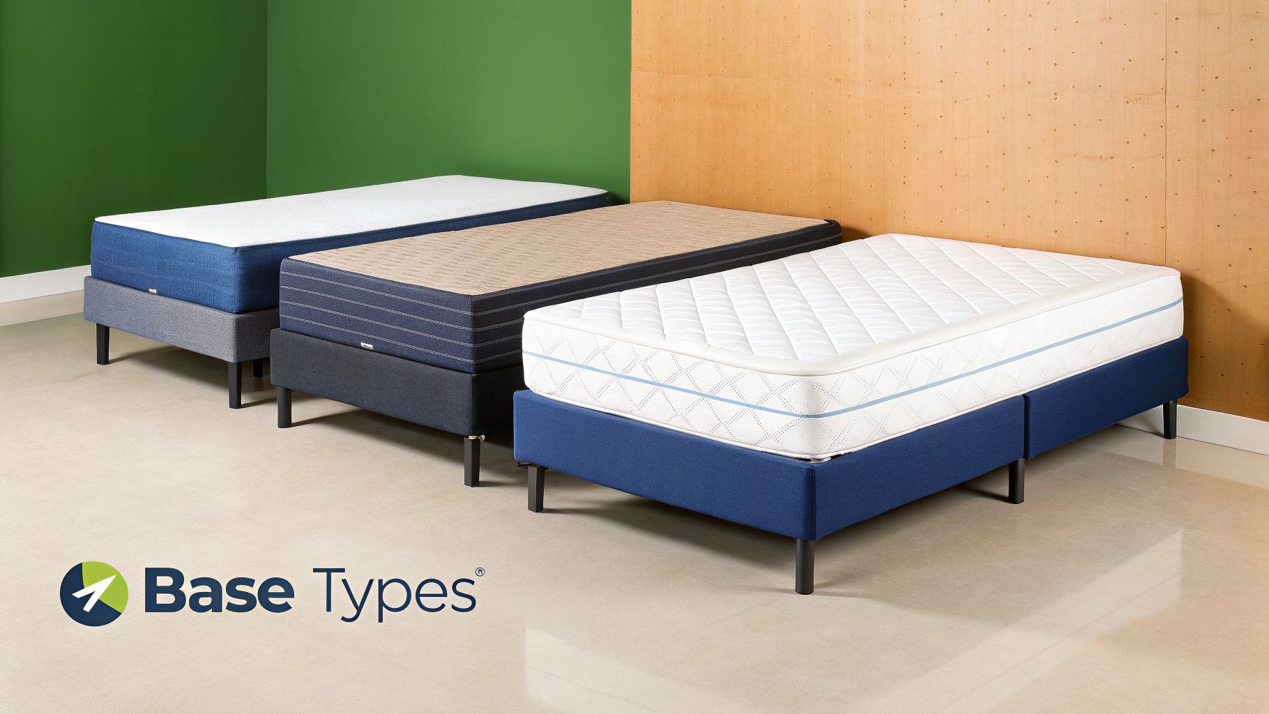 Three different types of upholstered mattress bases with mattresses in a showroom setting.