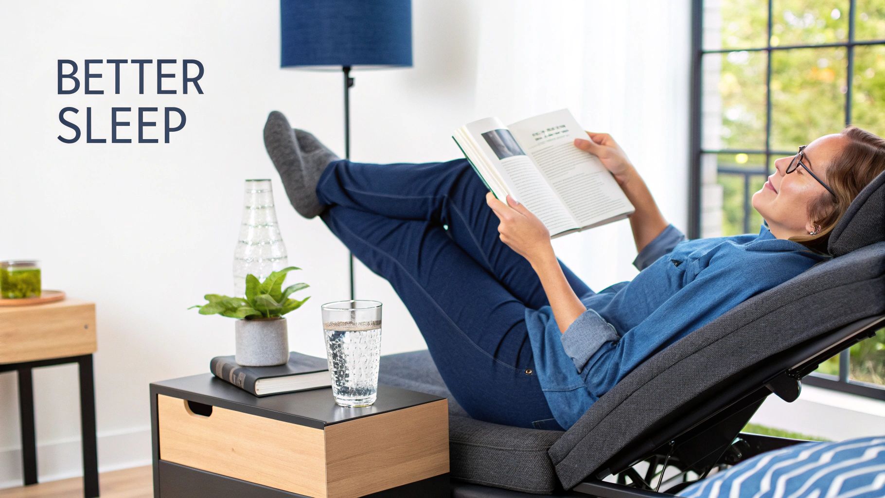A woman relaxes comfortably on an adjustable bed, reading a book with her feet elevated.