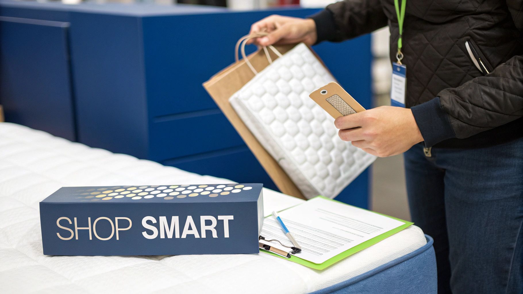 A person holds shopping bags and a phone while standing next to a mattress and documents in a store.