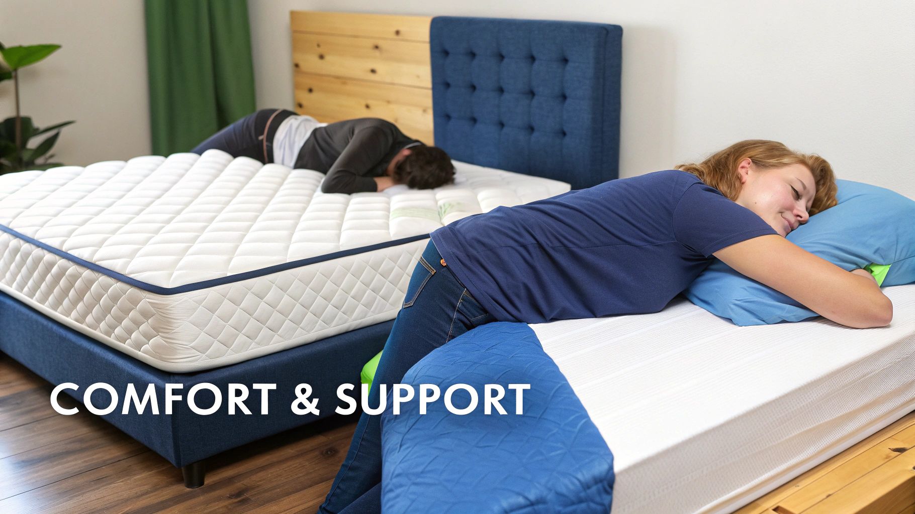Two people are sleeping peacefully on different types of mattresses, emphasizing comfort and support.