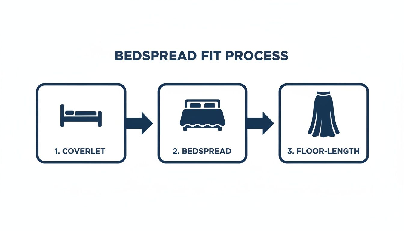 A visual representation of the bedspread fit process showing coverlet, bedspread, and floor-length options.