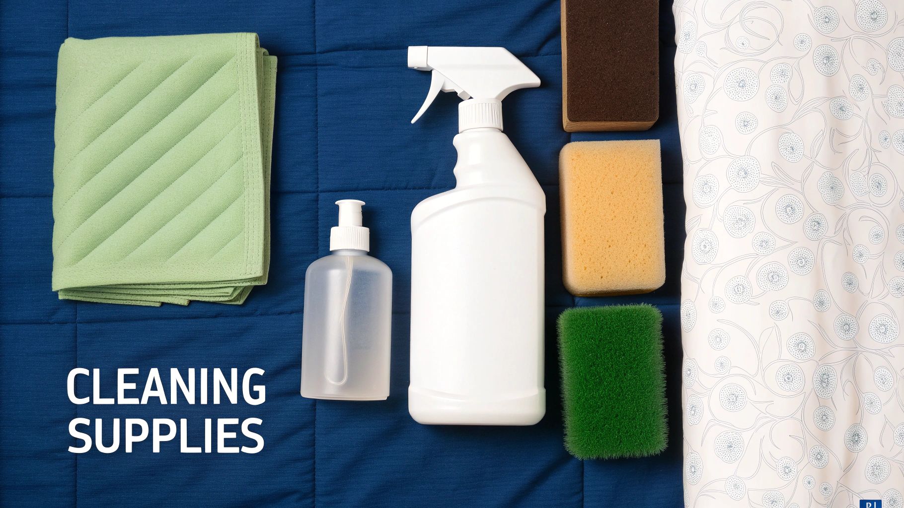 A flat lay of various cleaning supplies, including cloths, bottles, and sponges on a blue surface.