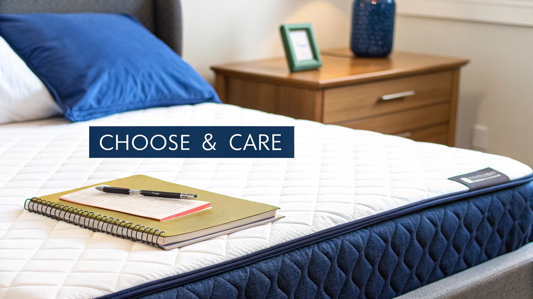 A Euro top mattress on a bed with a blue pillow, notebook, pen, and 'CHOOSE & CARE' text.