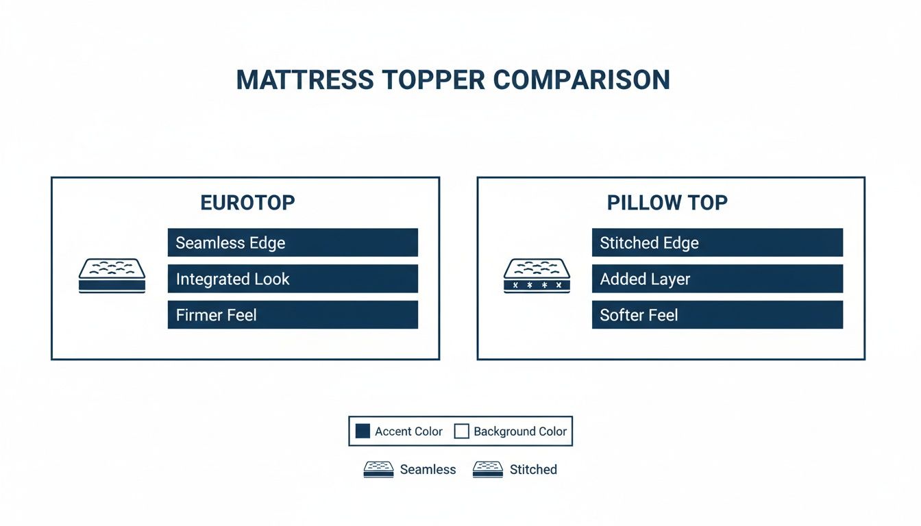 Comparison chart detailing features of Eurotop and Pillow Top mattress toppers.