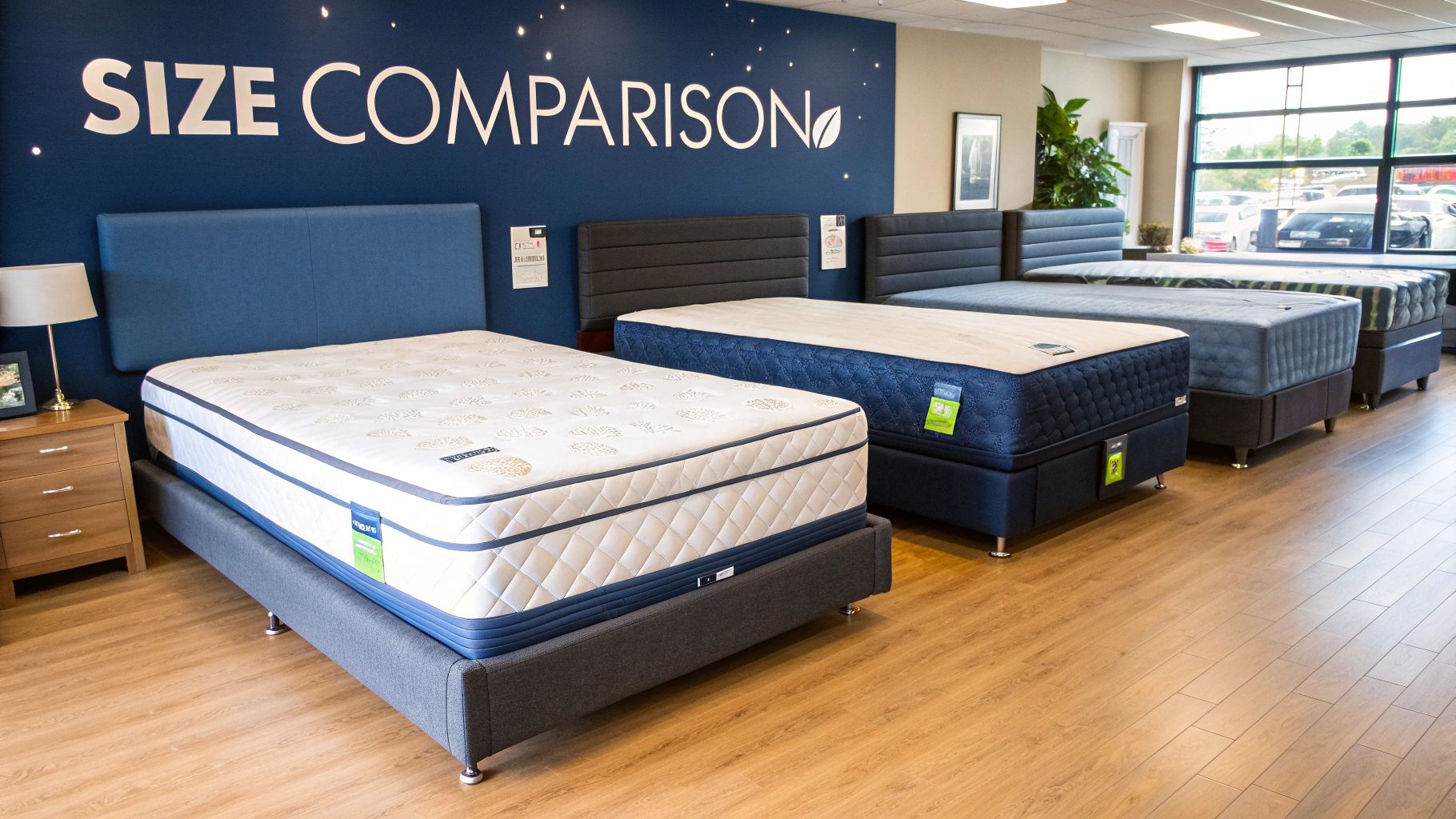Mattress showroom displaying various bed sizes from single to king for comparison shopping