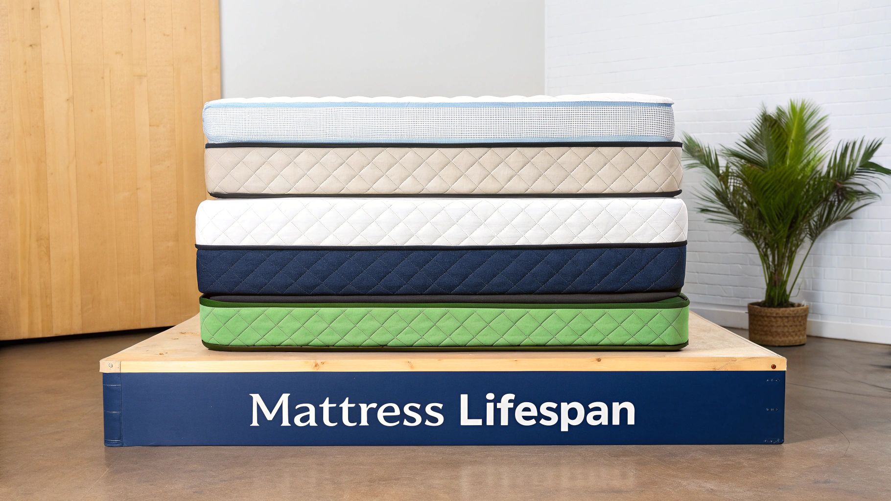 A stack of five colorful mattresses on a wooden platform, with "Mattress Lifespan" text.