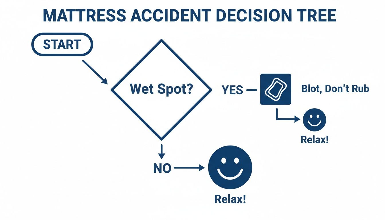 Flowchart showing a mattress accident decision tree: check for a wet spot, then blot or relax.