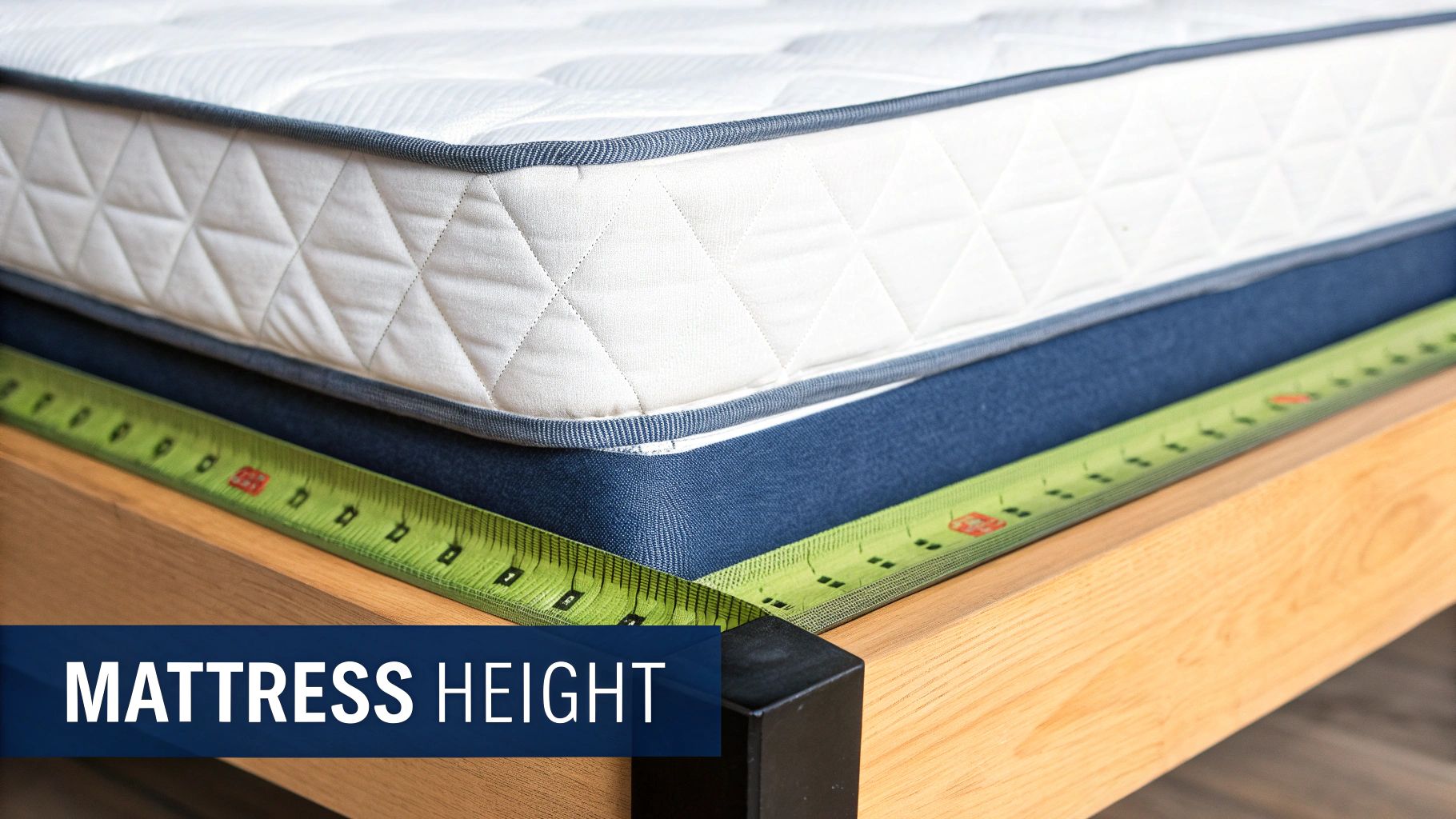 Close-up of a white quilted mattress with blue trim, being measured for height on a wooden bed frame.