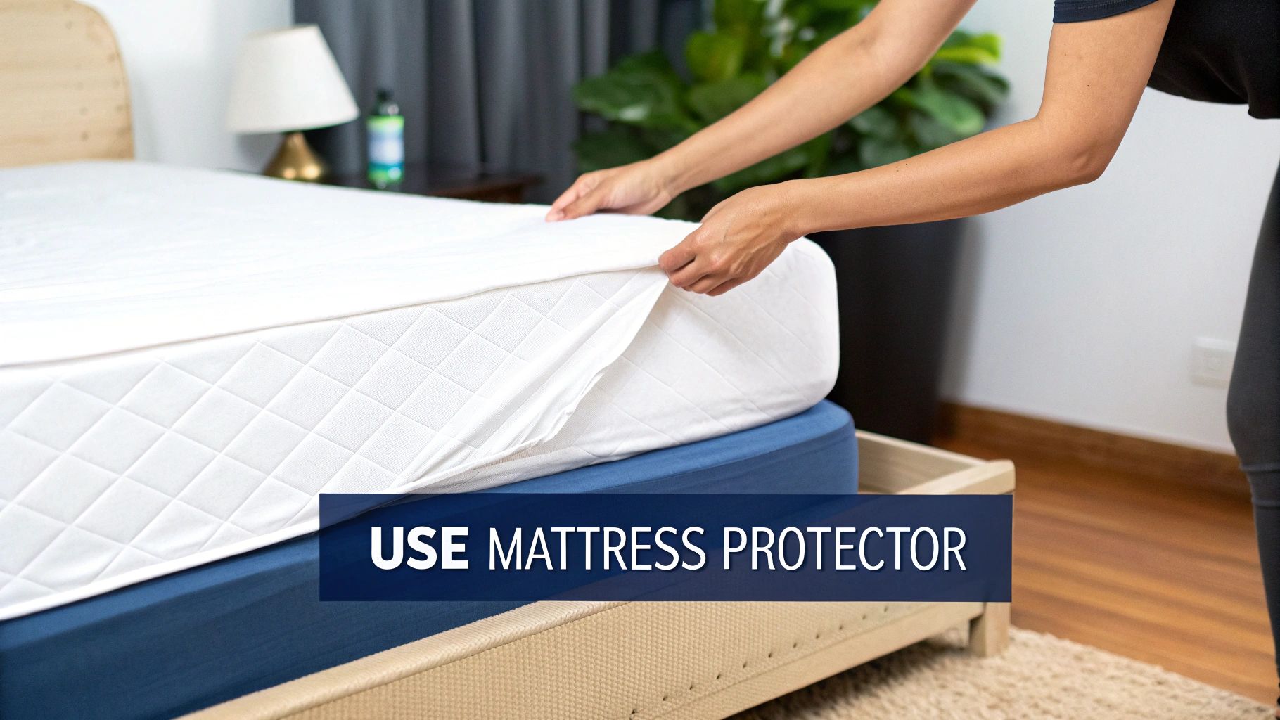 A person's hands are placing a white quilted mattress protector onto a bed mattress.