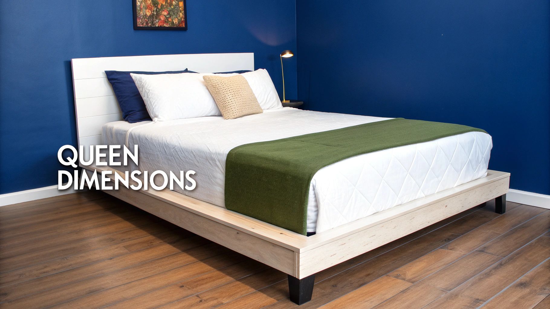 A modern queen bed with white bedding, blue pillows, a green runner, and a blue wall. The text "QUEEN DIMENSIONS" is overlaid.