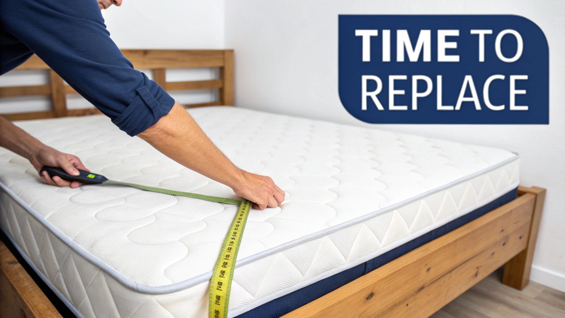 A person measures a white mattress on a wooden bed frame with a tape measure, with a 'Time to Replace' sign on the wall.
