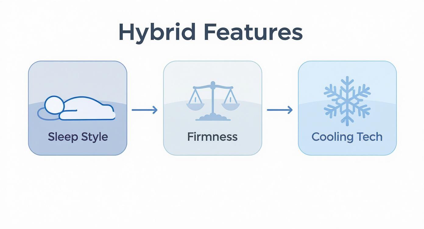 Flowchart illustrating hybrid mattress features: sleep style, firmness, and cooling technology options.