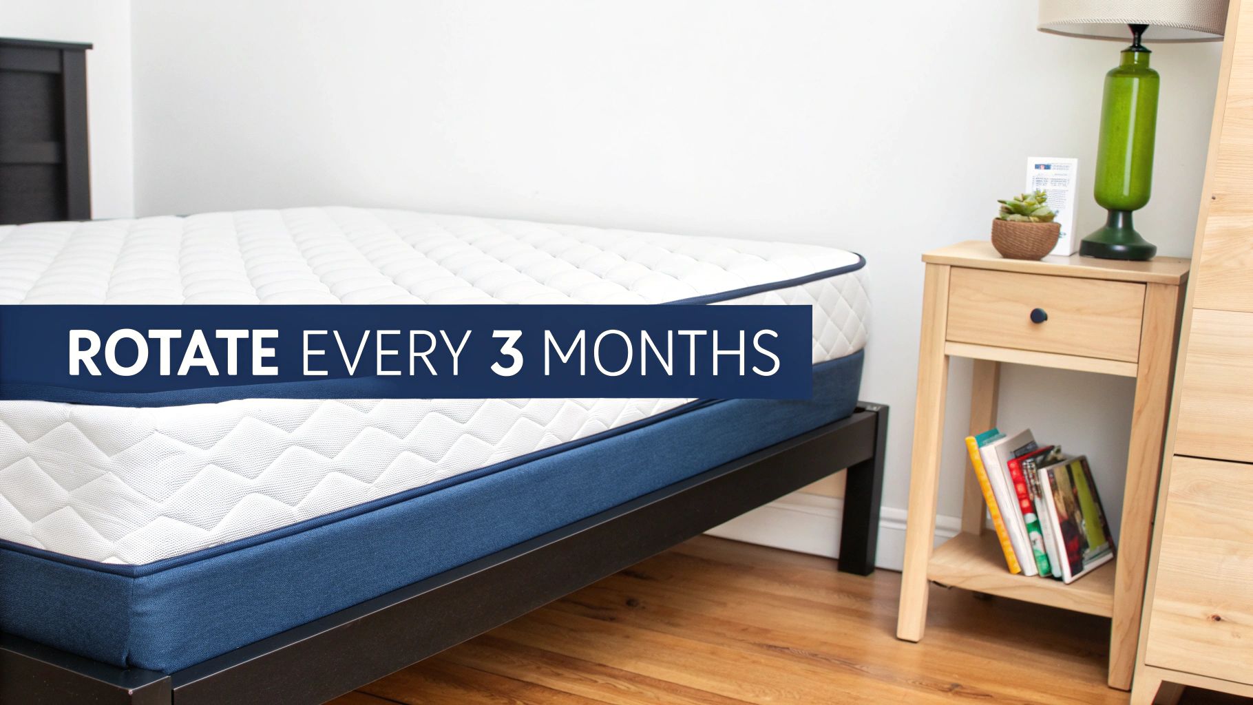 A white mattress with blue trim on a bed frame, with the text "ROTATE EVERY 3 MONTHS" overlay.
